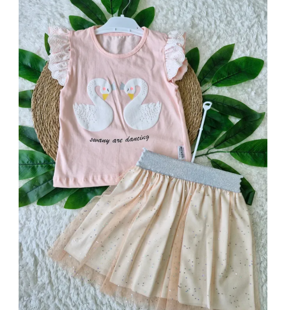 1/2/3/4 YAŞ BESBİSTO KUĞULU TÜTÜ ETEK KIZ TAKIM/PUDRA