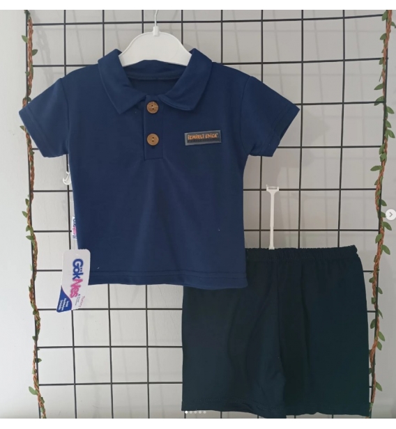 GÖKNES BEBE YAKA DÜĞMELİ ŞORTLU PENYE BEBE TAKIM/ LACİVERT