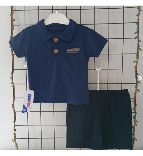 GÖKNES BEBE YAKA DÜĞMELİ ŞORTLU PENYE BEBE TAKIM/ LACİVERT