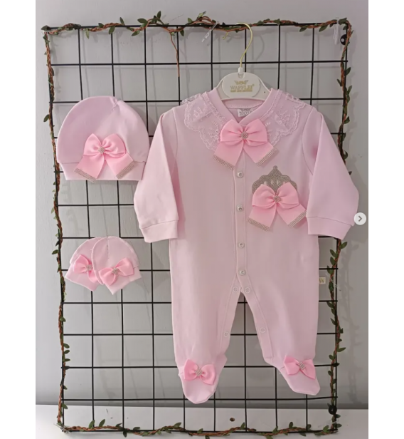 Waffle şapkalı eldivenli taşlı penye tulum set /PEMBE ZEMİN TAŞLI