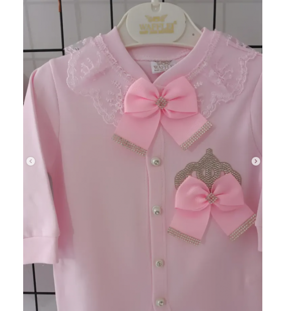 Waffle şapkalı eldivenli taşlı penye tulum set /PEMBE ZEMİN TAŞLI