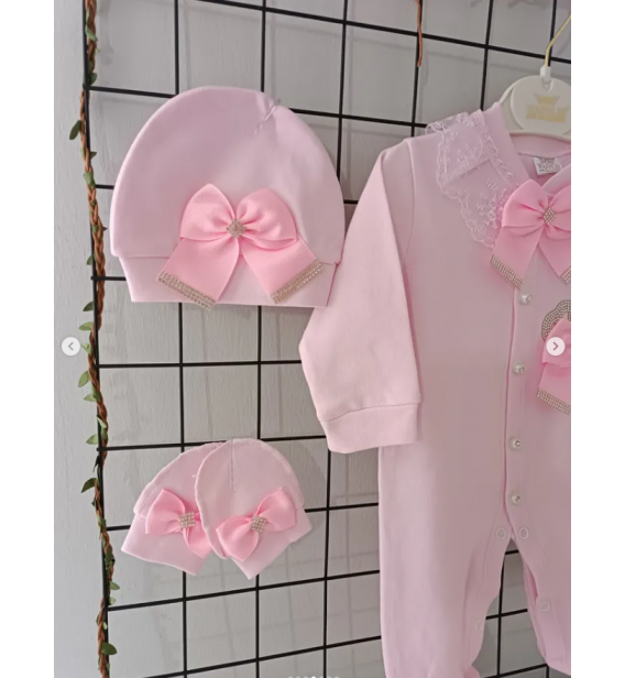 Waffle şapkalı eldivenli taşlı penye tulum set /PEMBE ZEMİN TAŞLI