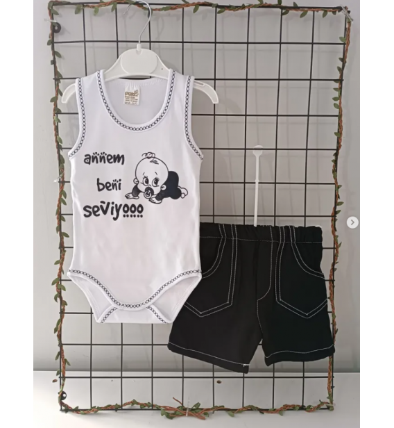0-6 AY ANNEM BENİ SEYİYOR BADİLİ KETEN ŞORT BEBE TAKIM / LACİVERT