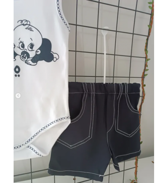 0-6 AY ANNEM BENİ SEYİYOR BADİLİ KETEN ŞORT BEBE TAKIM / LACİVERT