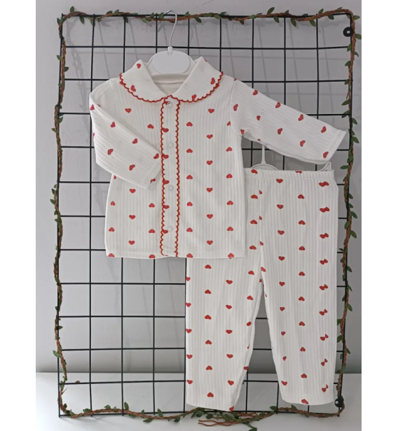 3-6 AY TAMAMEN PAMUKLU KUMAŞ ÖNDEN ÇITÇITLI PİJAMA TAKIMI ÇEŞİTLERİ / MİNİ KALP DESEN