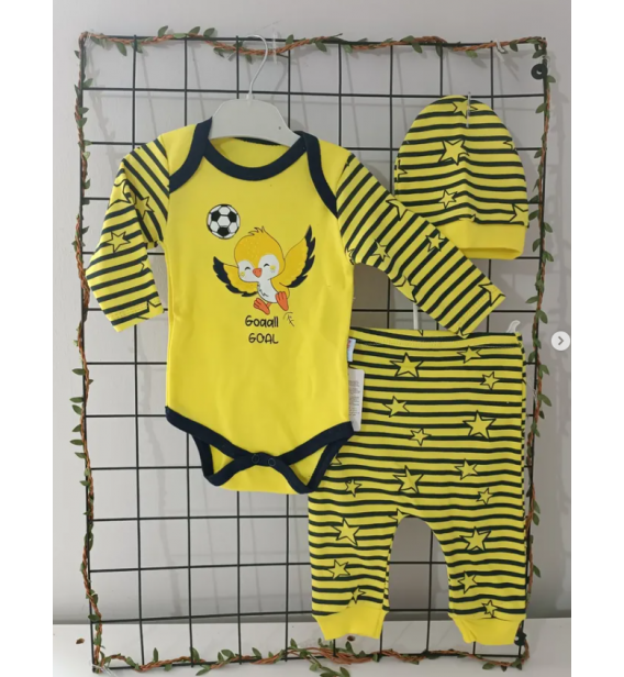Taraftar badili şapkalı üçlü penye bebe takım çeşitleri/SARI LACİVERT