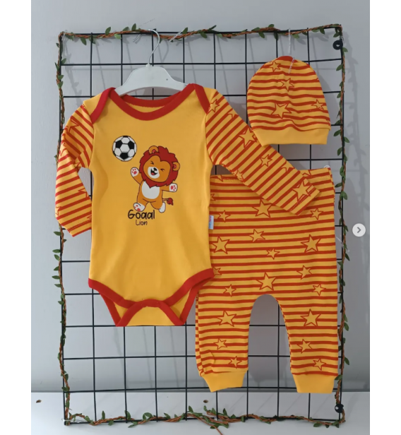 Taraftar badili şapkalı üçlü penye bebe takım çeşitleri/SARI KIRMIZI