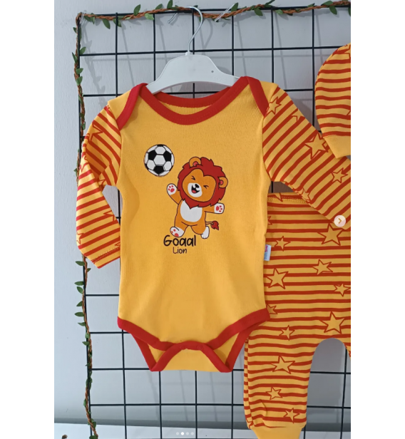 Taraftar badili şapkalı üçlü penye bebe takım çeşitleri/SARI KIRMIZI