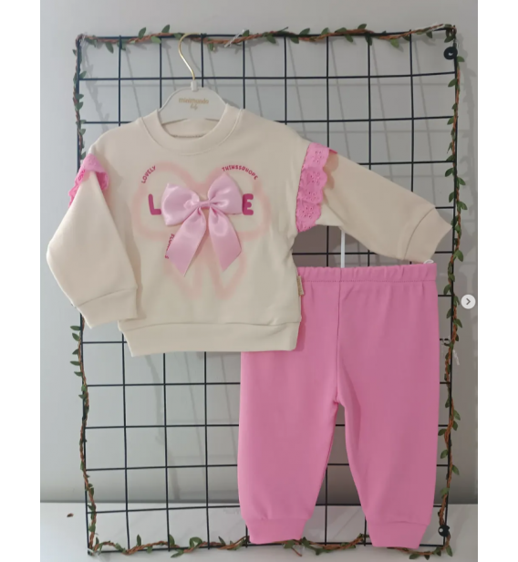 MİNİMUNDO ÜST KALİTE MEVSİMLİK PENYE BEBE EŞOFMAN TAKIMI ÇEŞİTLERİ/ PEMBE OMUZLARI GÜPÜRLÜ