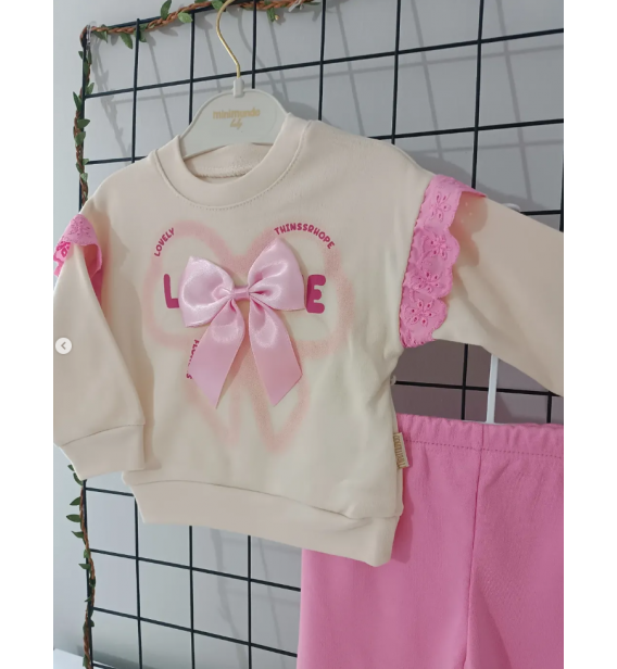 MİNİMUNDO ÜST KALİTE MEVSİMLİK PENYE BEBE EŞOFMAN TAKIMI ÇEŞİTLERİ/ PEMBE OMUZLARI GÜPÜRLÜ