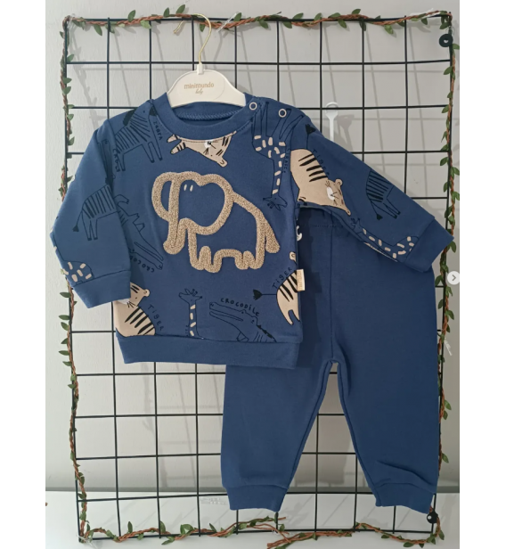 MİNİMUNDO ÜST KALİTE MEVSİMLİK PENYE BEBE EŞOFMAN TAKIMI ÇEŞİTLERİ/ LACİVERT FİL DESEN
