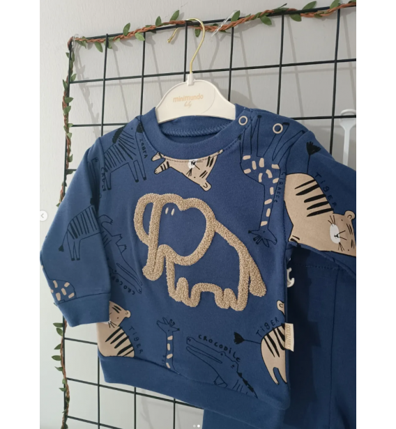 MİNİMUNDO ÜST KALİTE MEVSİMLİK PENYE BEBE EŞOFMAN TAKIMI ÇEŞİTLERİ/ LACİVERT FİL DESEN