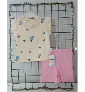KARACON YAKASI DANTELLİ KALPLİ ŞORTLU PENYE BEBE TAKIM/ PEMBE