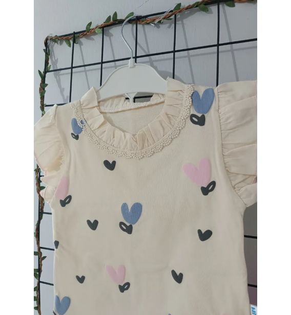 KARACON YAKASI DANTELLİ KALPLİ ŞORTLU PENYE BEBE TAKIM/ PEMBE