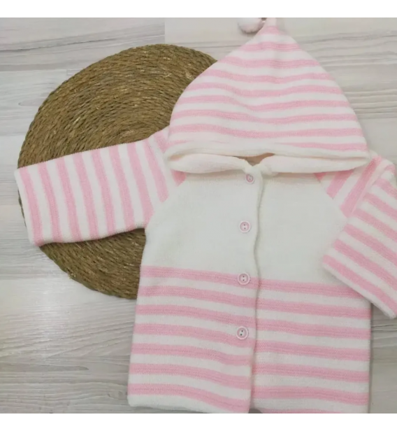 6-18 AY UYUMLU KAPŞONLU TRİKO BEBE CEKET ÇEŞİTLERİ / PEMBE ÇİZGİLİ