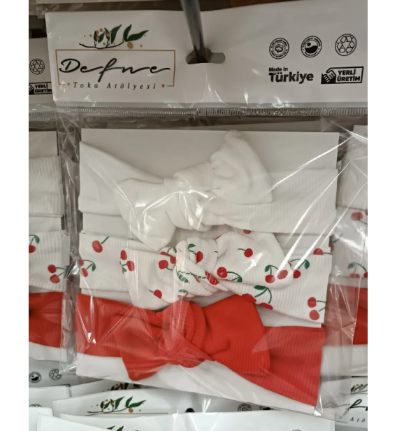 ÜÇLÜ LİKRALI 0-2 YAŞ PENYE BANDANA SET / KİRAZ TEMALI