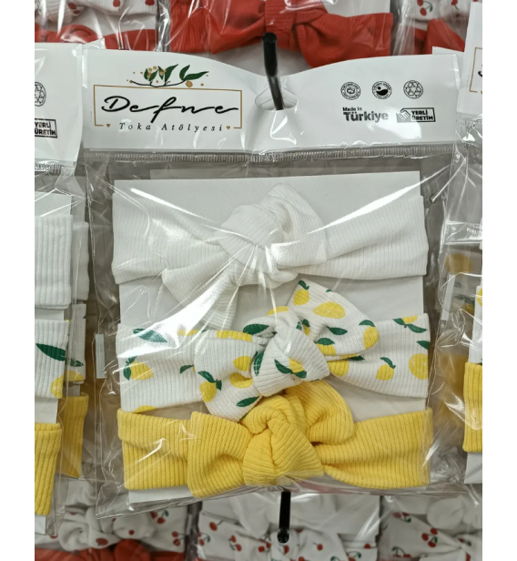 ÜÇLÜ LİKRALI 0-2 YAŞ PENYE BANDANA SET / LİMON TEMALI