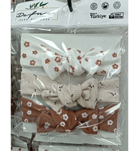 ÜÇLÜ LİKRALI 0-2 YAŞ PENYE BANDANA SET / KAHVERENGİ ÇİÇEKLİ