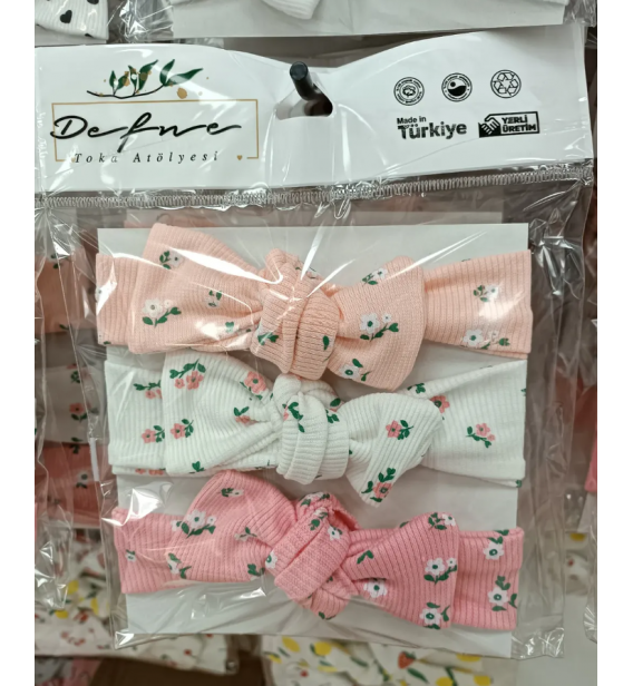 ÜÇLÜ LİKRALI 0-2 YAŞ PENYE BANDANA SET / PEMBE ÇİÇEKLİ