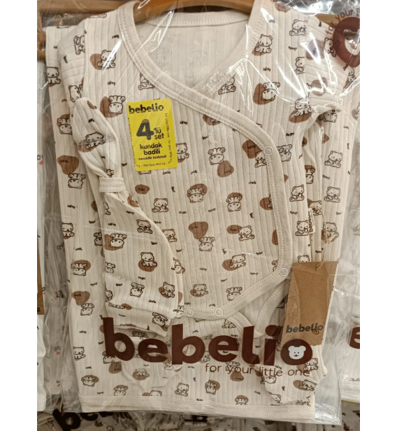 KAMPANYALI BEBELİO 0-3 AY ORGANİK BATTANİYELİ BADİLİ DÖRT PARÇALI HASTANE ÇIKIŞ SETLERİ/ KAHVE KEDİCİK DESEN