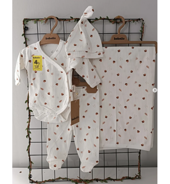 KAMPANYALI BEBELİO 0-3 AY ORGANİK BATTANİYELİ BADİLİ DÖRT PARÇALI HASTANE ÇIKIŞ SETLERİ/ FINDIK TEMALI