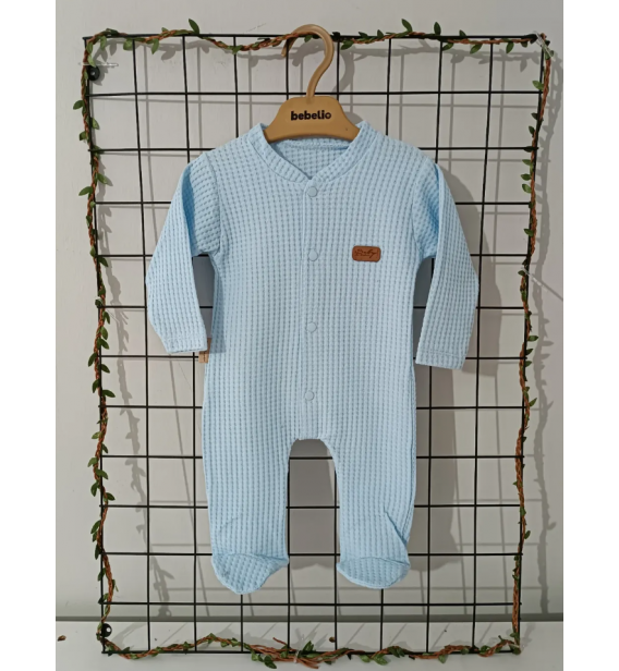 0-3 AY ORGANİK PETEK DOKU ÖNDEN ÇITÇITLI PATİKLİ PENYE BEBE TULUMLAR / MAVİ