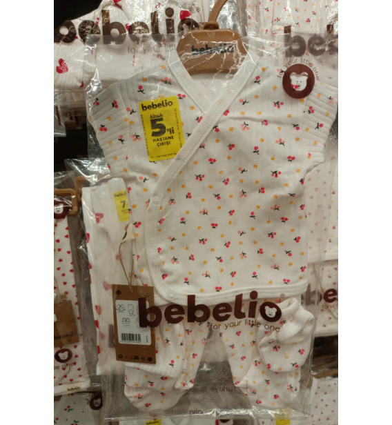 Bebelio Organik Fitilli Penye Beşli Zıbın Takımı Çeşitleri / BEYAZ ZEMİN KANAVİÇE DESEN