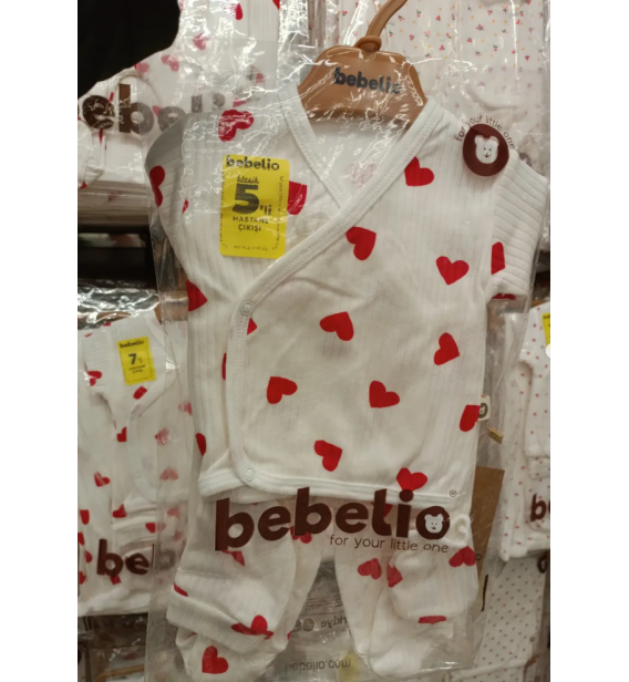 Bebelio Organik Fitilli Penye Beşli Zıbın Takımı Çeşitleri / BÜYÜK KIRMIZI KALP DESEN