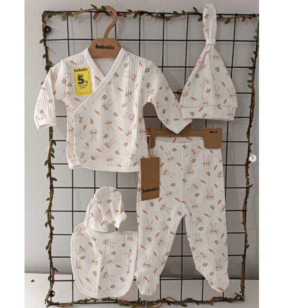 Bebelio Organik Fitilli Penye Beşli Zıbın Takımı Çeşitleri / PEMBE HAVUÇ TAVŞANLI