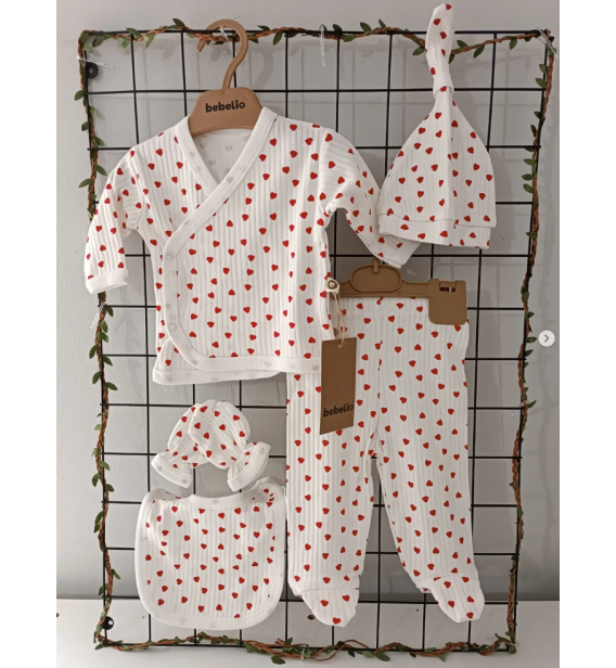 Bebelio Organik Fitilli Penye Beşli Zıbın Takımı Çeşitleri / MİNİ KALP DESEN