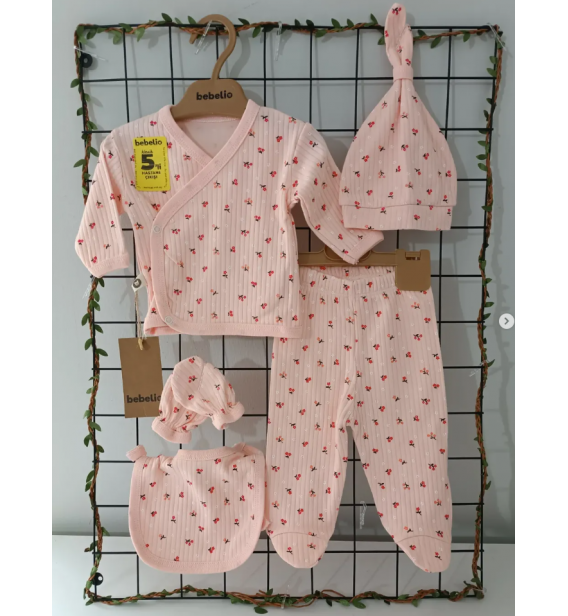 Bebelio Organik Fitilli Penye Beşli Zıbın Takımı Çeşitleri / PUDRA ZEMİN ÇİÇEKLİ