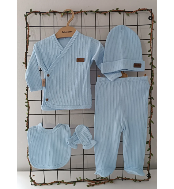 Özlem Bebe Organik Fitilli Penye Beşli Zıbın Takımı Çeşitleri / MAVİ