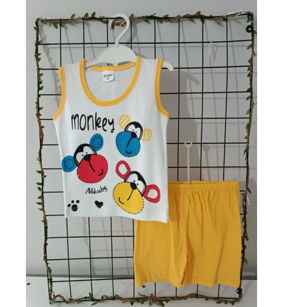SENİNO ASKILI MAYMUNLU ŞORTLU PENYE BEBE TAKIM / SARI