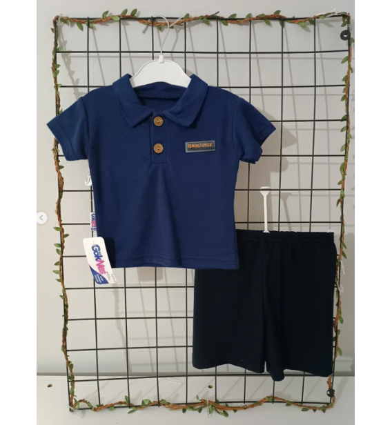 GÖKNES BEBE YAKA DÜĞMELİ ŞORTLU PENYE BEBE TAKIM/ LACİVERT