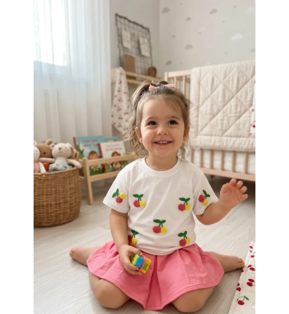 3-4 yaş uyumlu kirazlı etekli penye bebe takım/NARÇİÇEĞİ