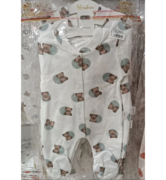 KAMPANYALI PENYE KUMAŞ YUMUŞACIK ÖNDEN ÇITÇITLI BEBE TULUM ÇEŞİTLERİ / BEYAZ ZEMİN YEŞİL AYICIK