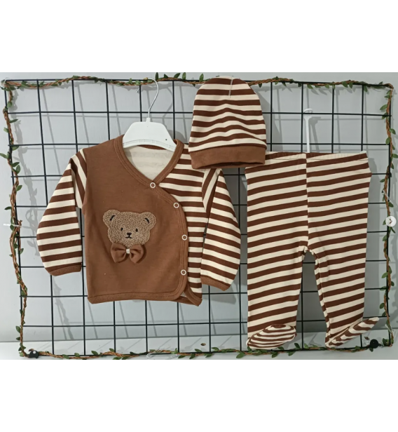 KAMPANYALI PAPYONLU ÇİZGİLİ AYILI ÜÇ PARÇA PENYE ZIBIN TAKIMLARI / KAHVE