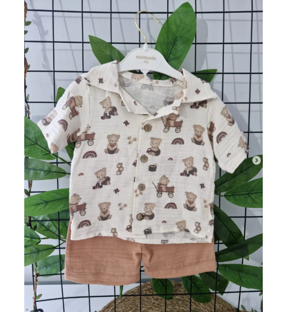 MİNİMUNDO FULL MÜSLİN ARABADA AYILI ŞORTLU TAKIM / KAHVERENGİ