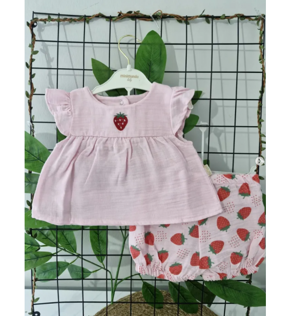 MİNİMUNDO FULL MÜSLİN ÇİLEKLİ ŞORTLU KIZ TAKIM / PEMBE
