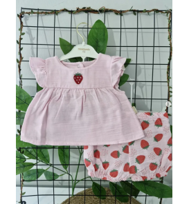 MİNİMUNDO FULL MÜSLİN ÇİLEKLİ ŞORTLU KIZ TAKIM / PEMBE