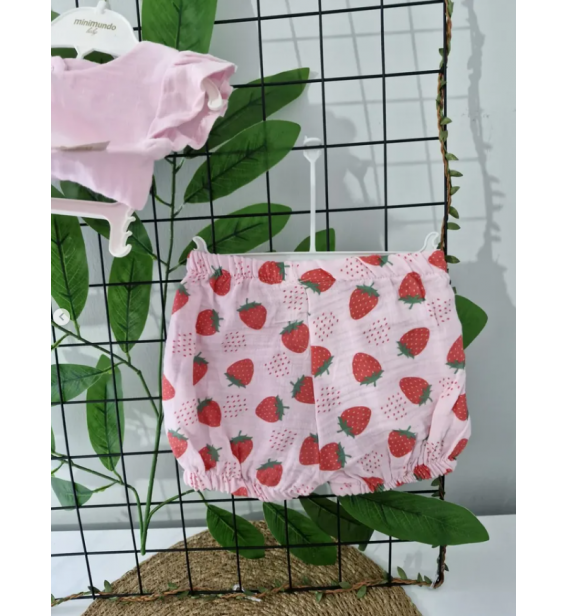 MİNİMUNDO FULL MÜSLİN ÇİLEKLİ ŞORTLU KIZ TAKIM / PEMBE