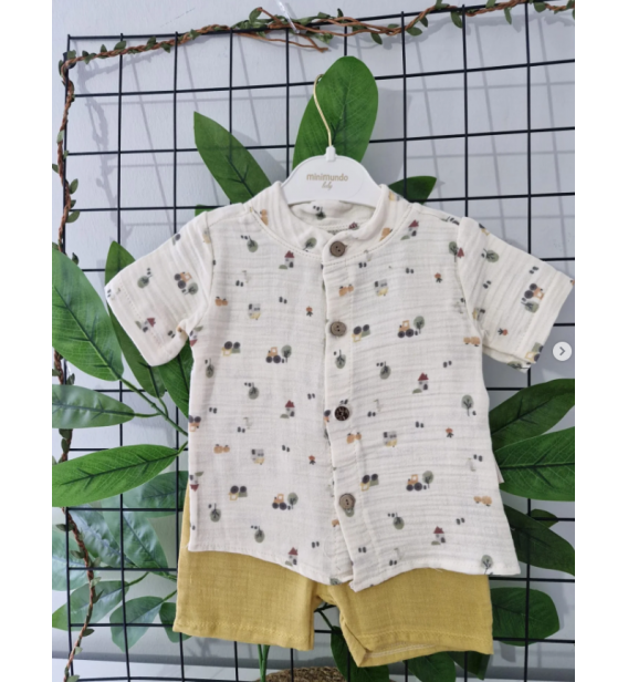 MİNİMUNDO FULL MÜSLİN ÇİFTLİK TEMALI ŞORTLU TAKIM / HARDAL SARISI