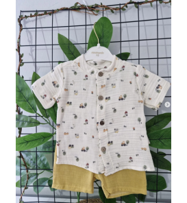 MİNİMUNDO FULL MÜSLİN ÇİFTLİK TEMALI ŞORTLU TAKIM / HARDAL SARISI