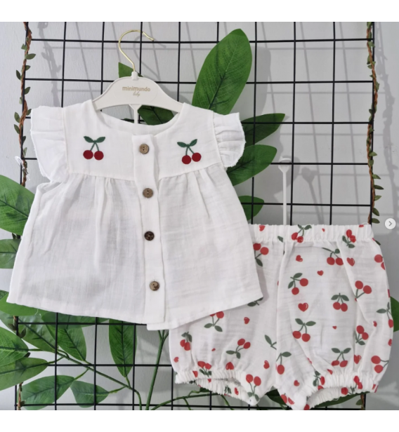 MİNİMUNDO FULL MÜSLİN KİRAZLI ŞORTLU KIZ TAKIM / BEYAZ