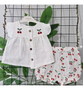 MİNİMUNDO FULL MÜSLİN KİRAZLI ŞORTLU KIZ TAKIM / BEYAZ
