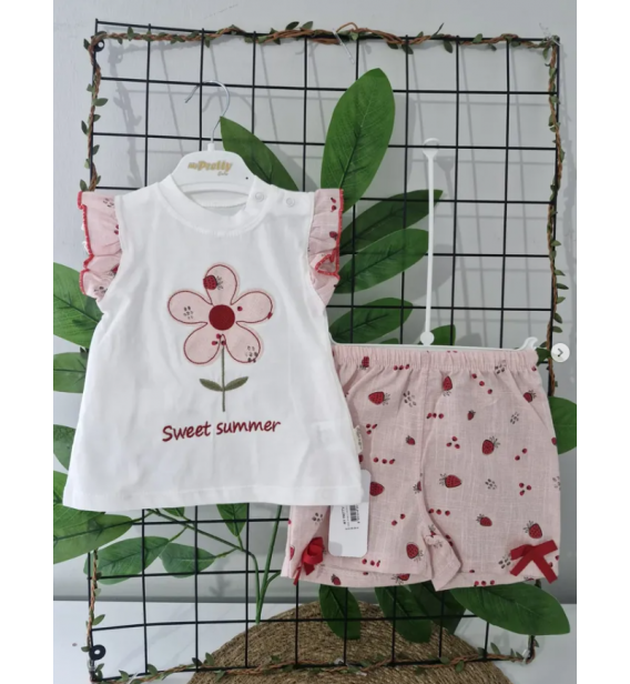 PRETTY FLOWERS FİYONKLU MÜSLİN ŞORTLU KIZ TAKIM