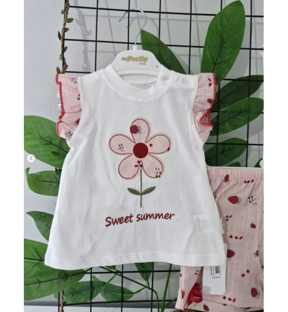 PRETTY FLOWERS FİYONKLU MÜSLİN ŞORTLU KIZ TAKIM