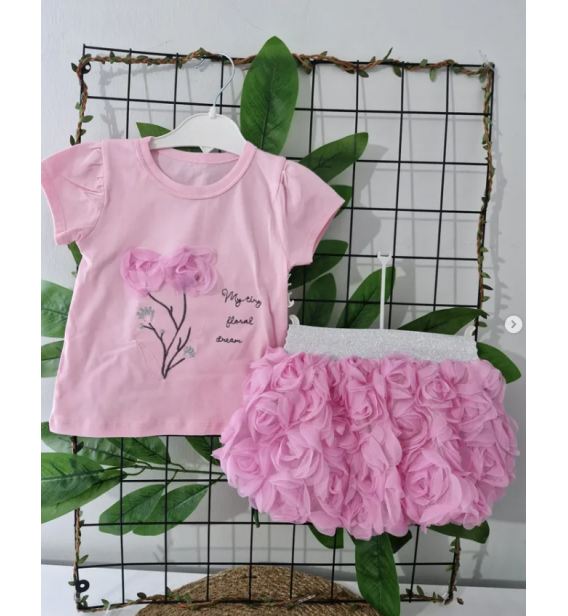 PRETTY GÜLLÜ KABARTMA ETEKLİ KIZ TAKIM