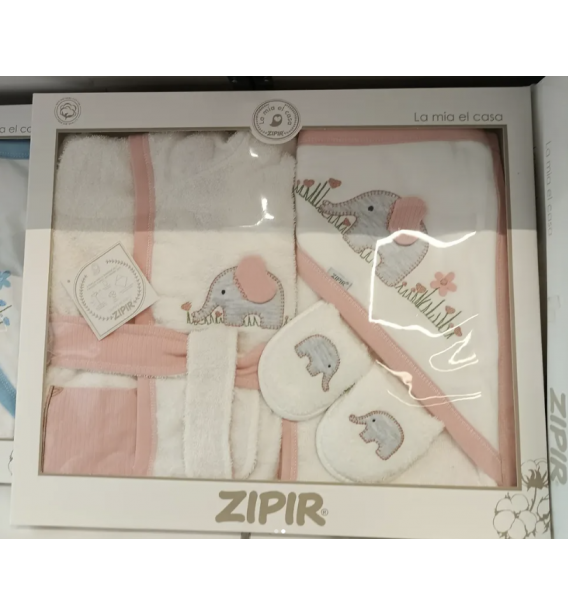 0-2 YAŞ UYUMLU ZIPIR BEBE ÜST KALİTE BEBE BORNOZ TAKIMI / PEMBE FİL DESEN