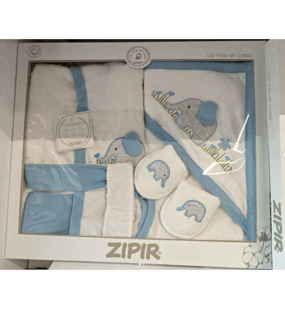 0-2 YAŞ UYUMLU ZIPIR BEBE ÜST KALİTE BEBE BORNOZ TAKIMI / MAVİ FİL DESEN
